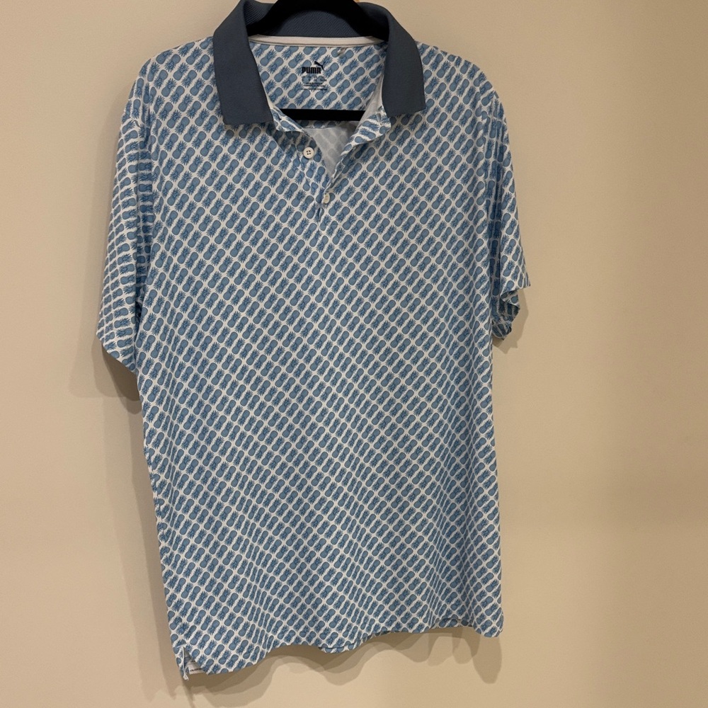 Puma Men's Blue Pineapple 🍍 Patterned Polo with Dark Contrast Collar